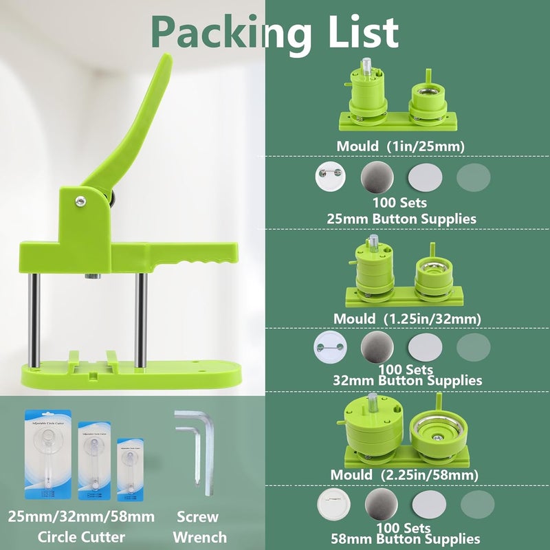 Happizza Button Maker Machine Multiple Sizes, Pin Maker Machine 1+1.25+2.25 inch, Interchangeable Button-Models Badge Button Press Machine with 300 Sets 25+32+58mm Button Maker Supplies&Circle Cutter - Image 3